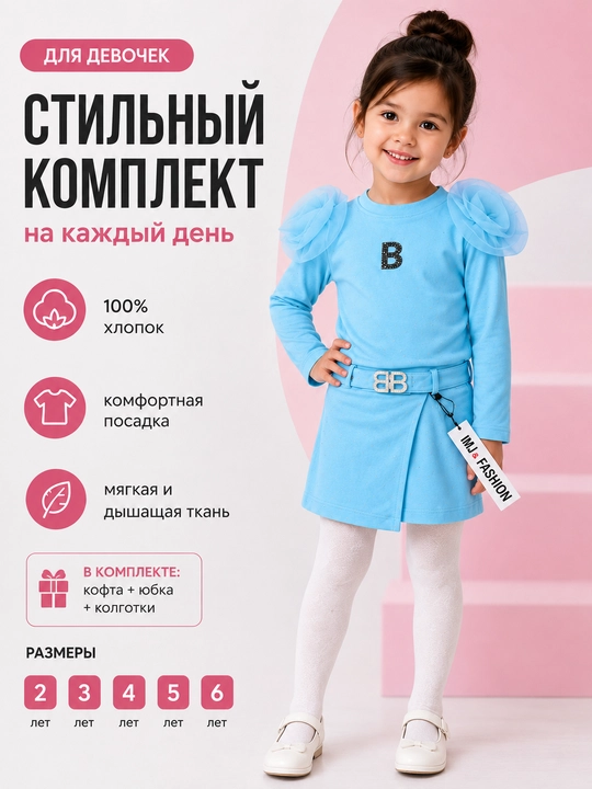 Комплект для девочки с юбкой, хлопок, 2–6 лет - 