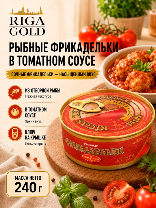 Riga Gold baliqli frikadelkalar pomidor sousida, 240 g, kalitli qadoq - 