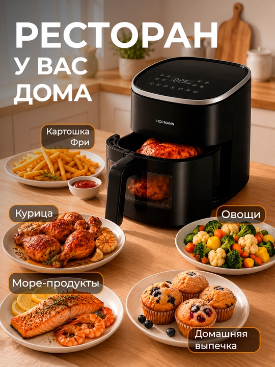 Аэрогриль HOFMANN SAF1308TPBK/H, чёрный, 1300 Вт — вкусно, быстро и полезно каждый день