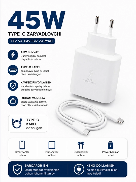 Зарядное устройство 45W Type-C с кабелем USB Type-C - 