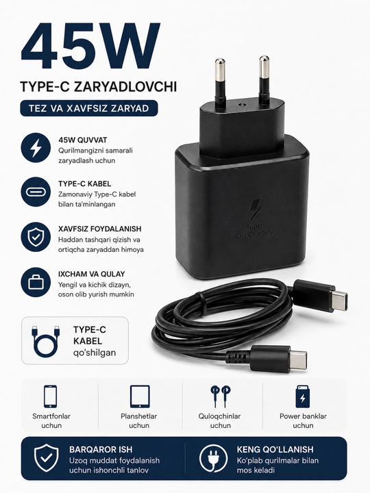 45W Type-C Zaryadlovchi Adapter, USB Type-C Kabel bilan
