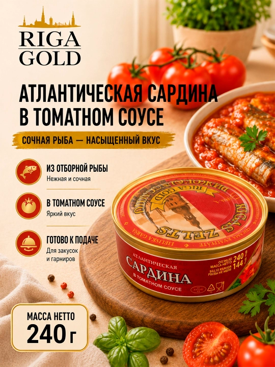 Riga Gold Atlantika sardinasi pomidor sousida, 240 g - 