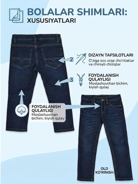 Boston Denim bolalar uchun jinsiy shimlar 100% paxtadan - 