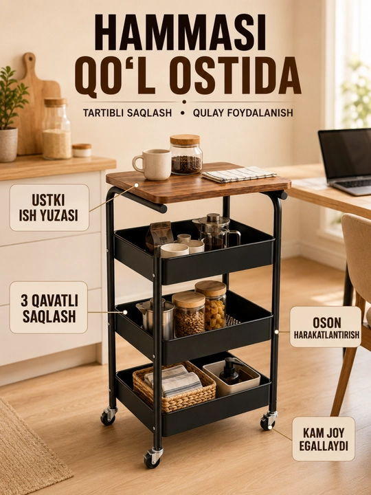 Etajerka g‘ildirakli, 3 qavatli metall stellaj, oshxona va uy uchun tokcha