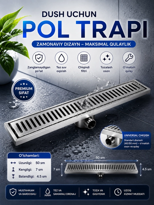 Dush uchun pol trapi 50 sm, zanglamaydigan po‘lat, suv oqizgich, 50×7×4,5 sm
