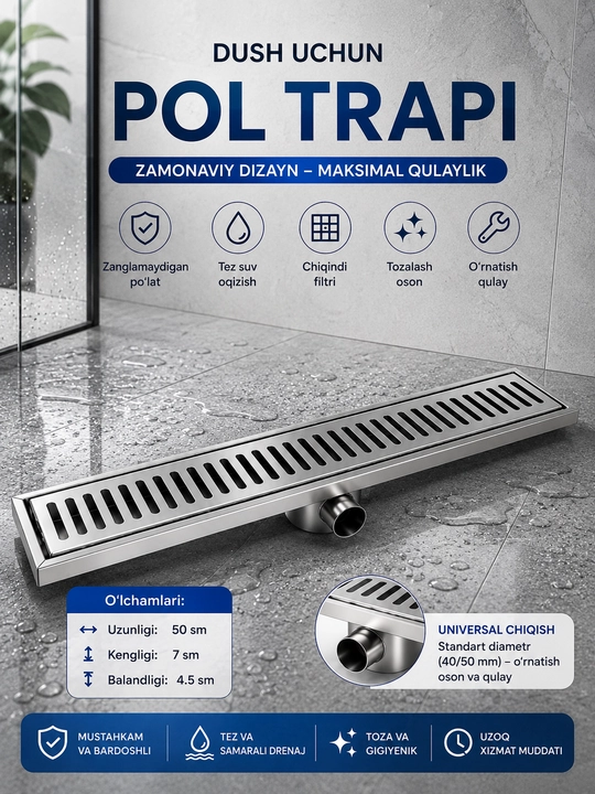 Dush uchun pol trapi 50 sm, zanglamaydigan po‘lat, suv oqizgich, 50×7×4,5 sm - 