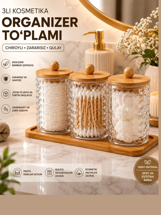 Kosmetik vositalar va paxta disklari uchun organayzer to'plami, yog'och qopqoqli 3  idish - 