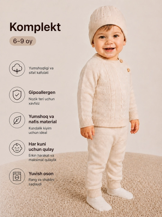 Bolalar kostyumi, uch qismli, qizlar va o‘g‘il bolalar uchun, 6-9 oylik bolalar ucun