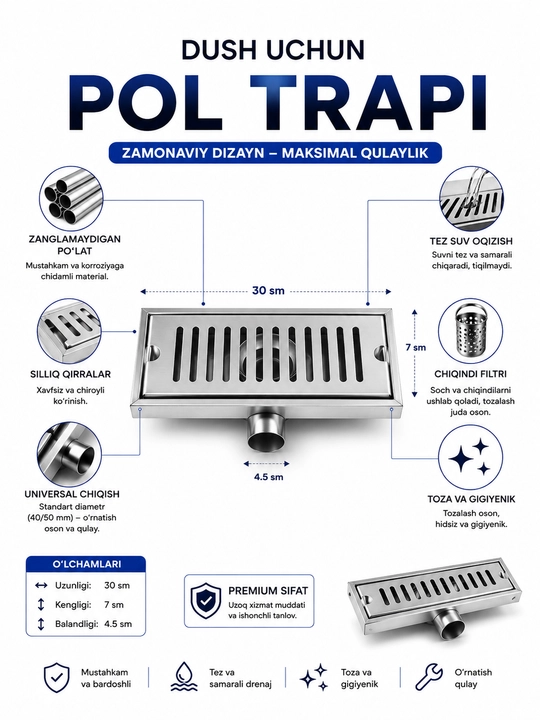 Dush uchun pol trapi 30 sm, zanglamaydigan po‘lat, suv oqizgich, 30×7×4,5 sm