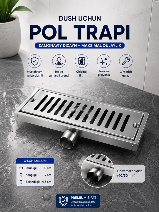 Dush uchun pol trapi 30 sm, zanglamaydigan po‘lat, suv oqizgich, 30×7×4,5 sm