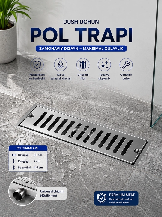 Dush uchun pol trapi 30 sm, zanglamaydigan po‘lat, suv oqizgich, 30×7×4,5 sm - 
