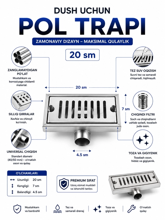 Dush uchun pol trapi 20 sm, zanglamaydigan po‘lat, suv oqizgich, 20×7×4,5 sm