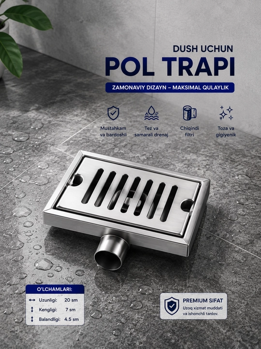 Dush uchun pol trapi 20 sm, zanglamaydigan po‘lat, suv oqizgich, 20×7×4,5 sm - 