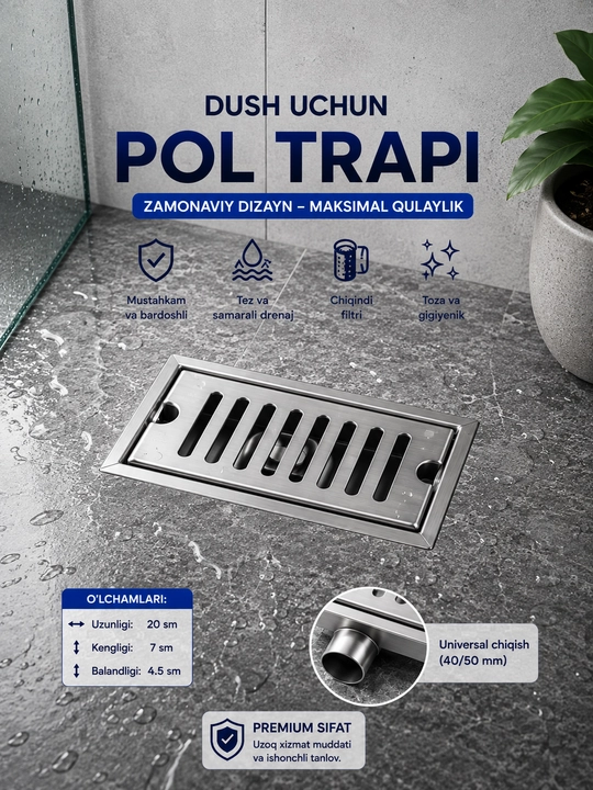 Dush uchun pol trapi 20 sm, zanglamaydigan po‘lat, suv oqizgich, 20×7×4,5 sm