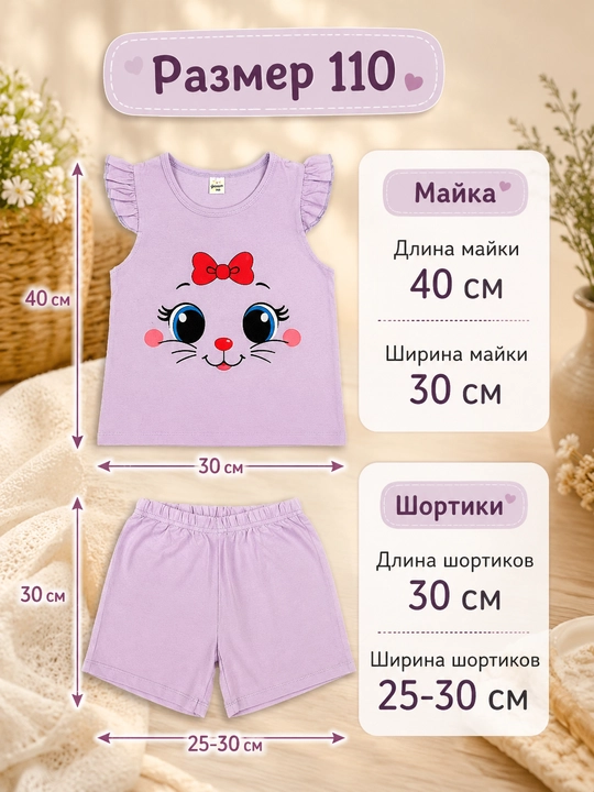Детский летний комплект для девочки «Милая кошечка» — майка и шортики, 100% хлопок