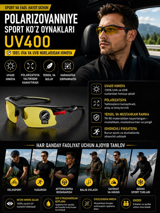 Yugurish va velosiped haydash uchun qutblangan UV400 sport ko‘zoynaklari - 