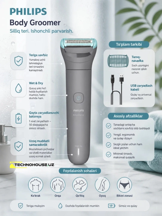 Trimmeri Philips BG3470/15, tana uchun,100% suv o‘tkazmaydigan, 60 daqiqa ish vaqti - 