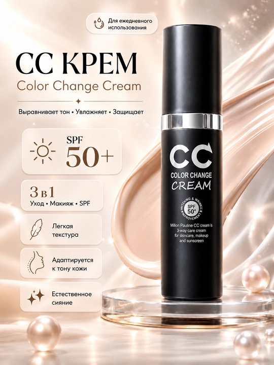 CC крем для лица SPF 50+, тональный крем 3 в 1, адаптируется к тону кожи - 