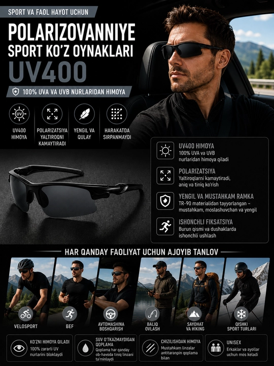 Yugurish va velosiped haydash uchun qutblangan UV400 sport ko‘zoynaklari - 