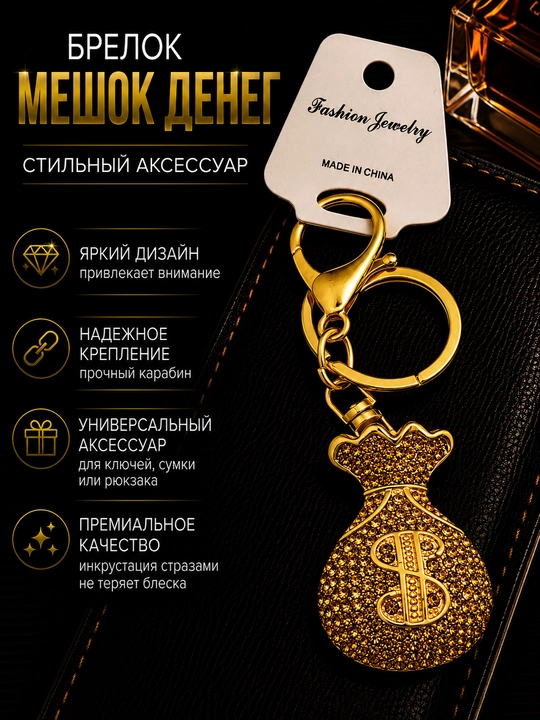 Брелок Мешок денег, со стразами, для ключей, сумки и рюкзака, декоративный аксессуар - 