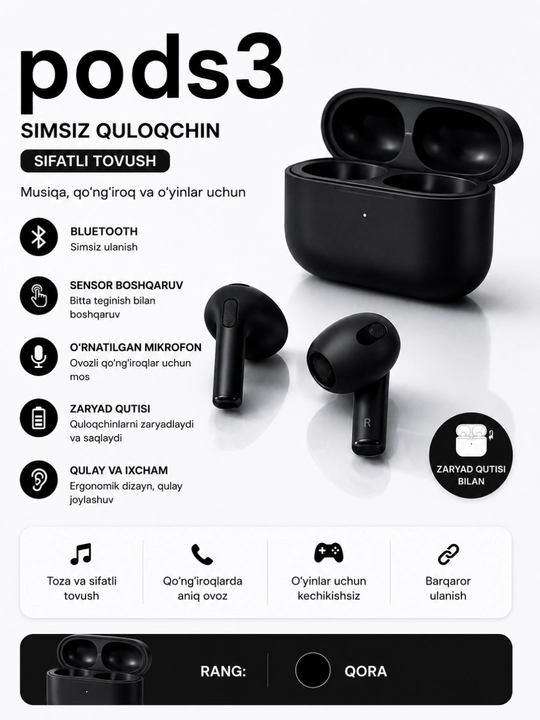 Pods3 беспроводные наушники, Bluetooth, сенсорное управление, зарядный кейс - 