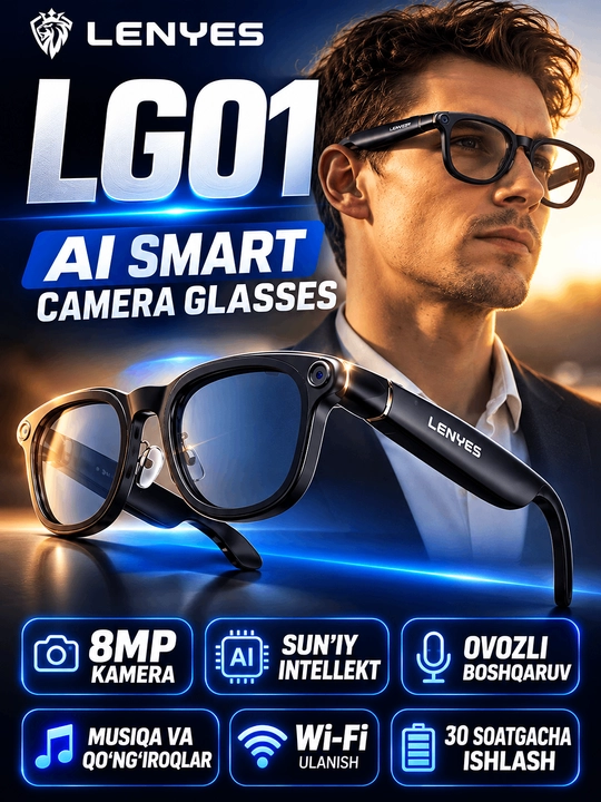 LENYES LG01 — AI funksiyali aqlli ko‘zoynak, 8 MP kamera va real vaqt tarjimasi bilan - 