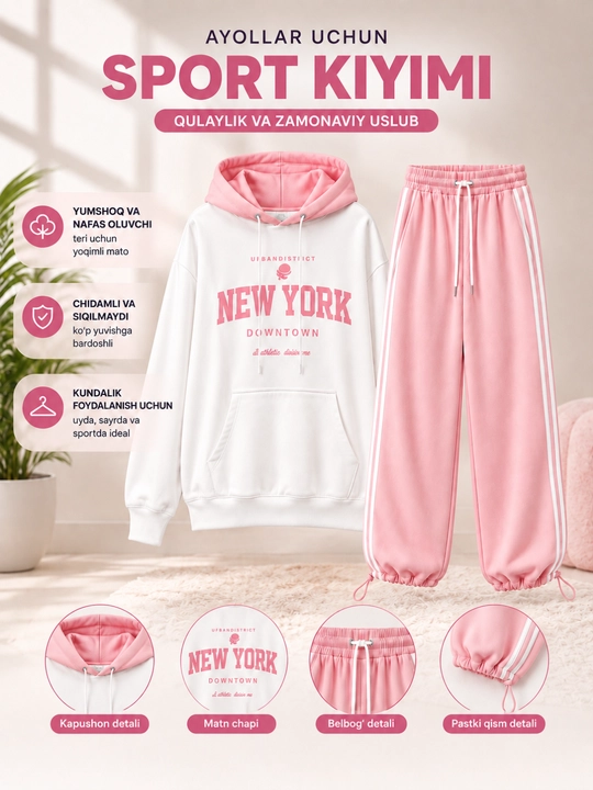 Ayollar sport kostyumi , dvoyka hudi va shim,sport forma ayollar ,standart 46-50