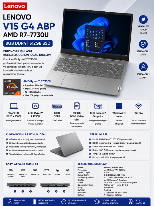 Lenovo V15 G4 ABP noutbuk, Ryzen 7-7730U, 8GB, 512GB SSD, 15.6 FHD - 
