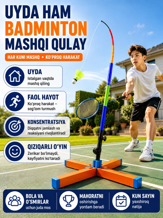 Badminton trenajyor stendi, raketka va volanchik bilan, mustaqil mashq uchun - 