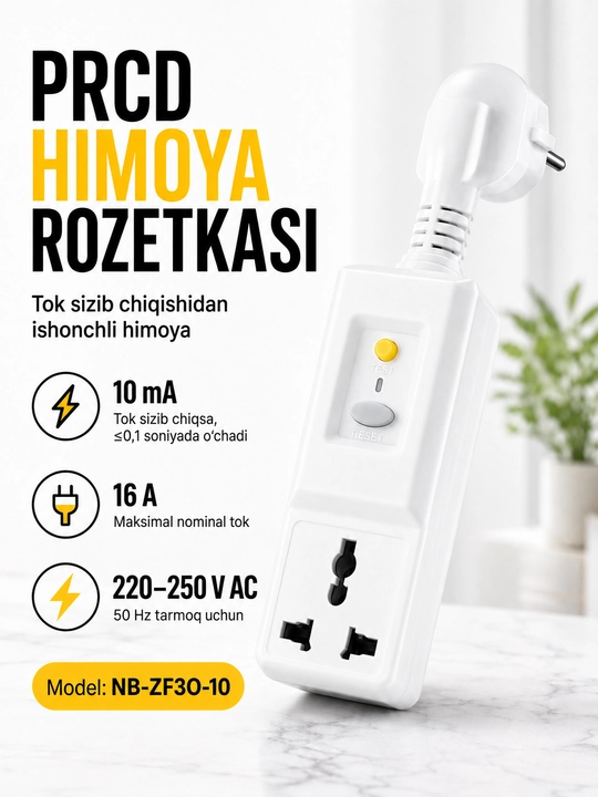 PRCD sizib chiqish tokidan himoyali ko‘chma rozetka, 16 A, 220 V, 10 mA