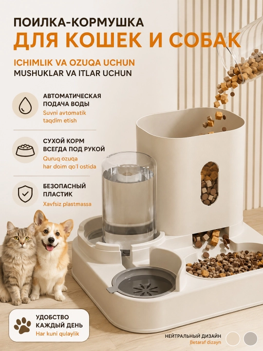 Кормушка и автопоилка для кошек и собак 2 в 1, пластик, большой резервуар для корма - 