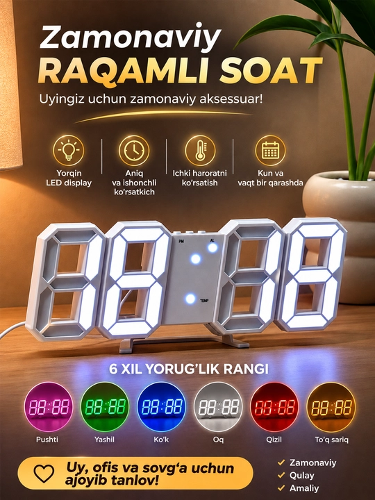 3D budilnik soat zamonaviy, 4 tasi 1 da gadjetidir Kompyuter yoki ish stoli uchun - 