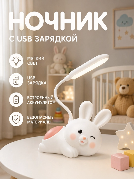 Детский ночник-зайчик с USB зарядкой, мягким светом и гибкой ножкой - 