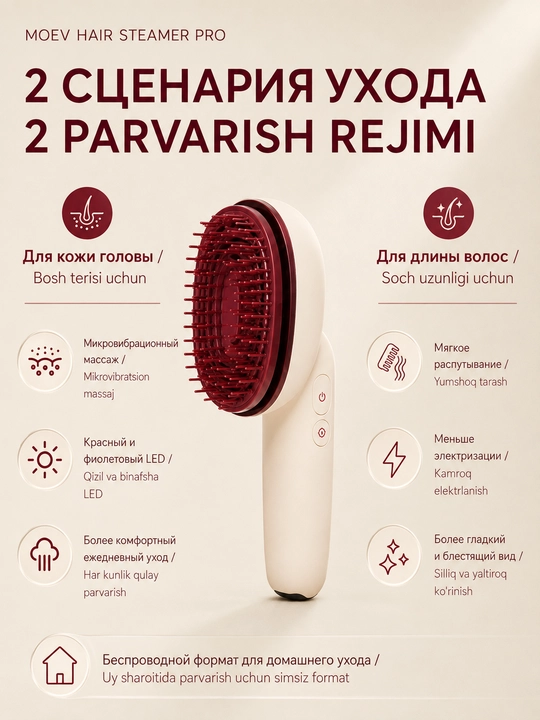 MOEV Hair Steamer Pro bug‘, LED va mikrovibratsiyali termoapparat-taragi