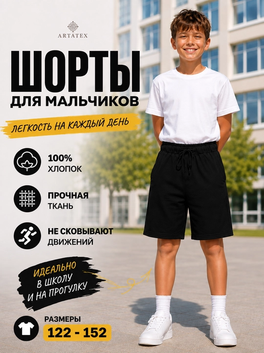 O‘g‘il bolalar va qizlar uchun bolalar, o‘smirlar shortiklari, qora rangda, 100% paxta - 