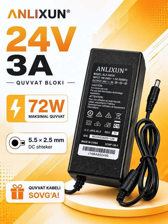 Блок питания ANLIXUN 24V 3A/5A,адаптер 5.5×2.5мм для LED,электроники и оборудования - 