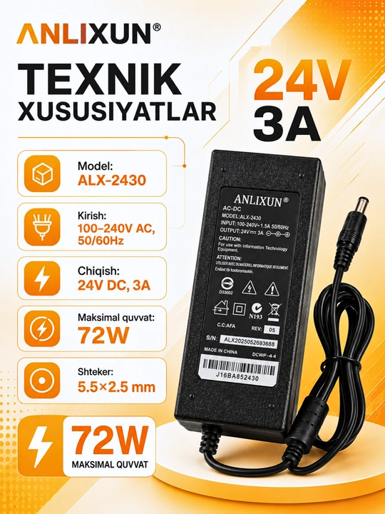 Блок питания ANLIXUN 24V 3A/5A,адаптер 5.5×2.5мм для LED,электроники и оборудования
