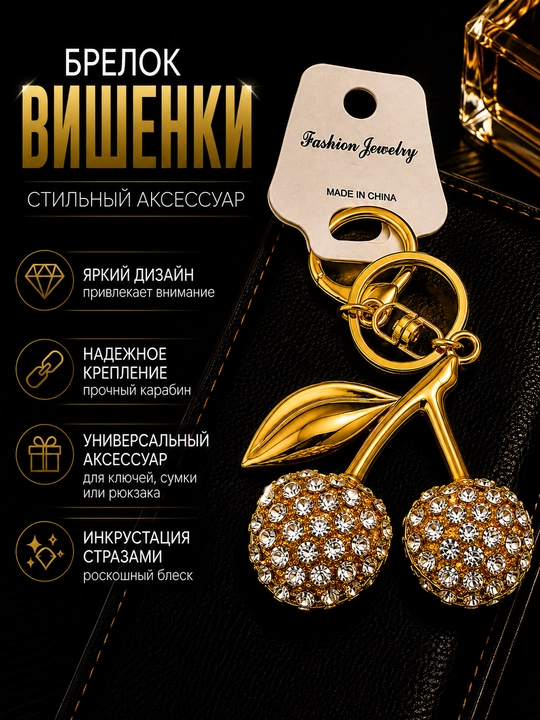 Брелок Вишня со стразами для ключей и сумки, декоративная подвеска в форме ягод - 
