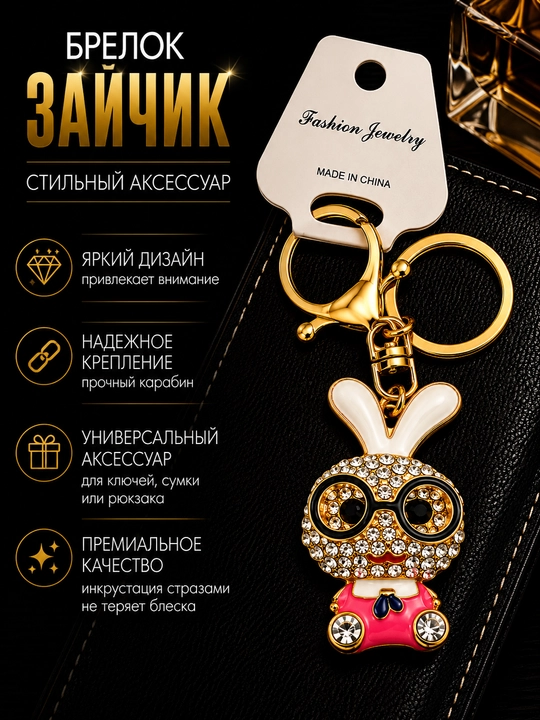Брелок с кроликом и стразами для ключей, декоративный аксессуар для сумки и рюкзака - 