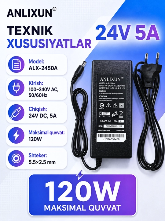 Блок питания ANLIXUN 24V 3A/5A,адаптер 5.5×2.5мм для LED,электроники и оборудования