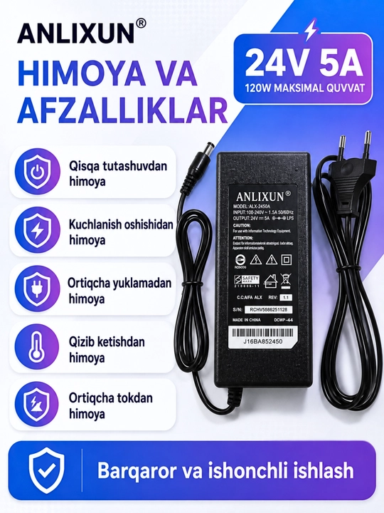 Блок питания ANLIXUN 24V 3A/5A,адаптер 5.5×2.5мм для LED,электроники и оборудования