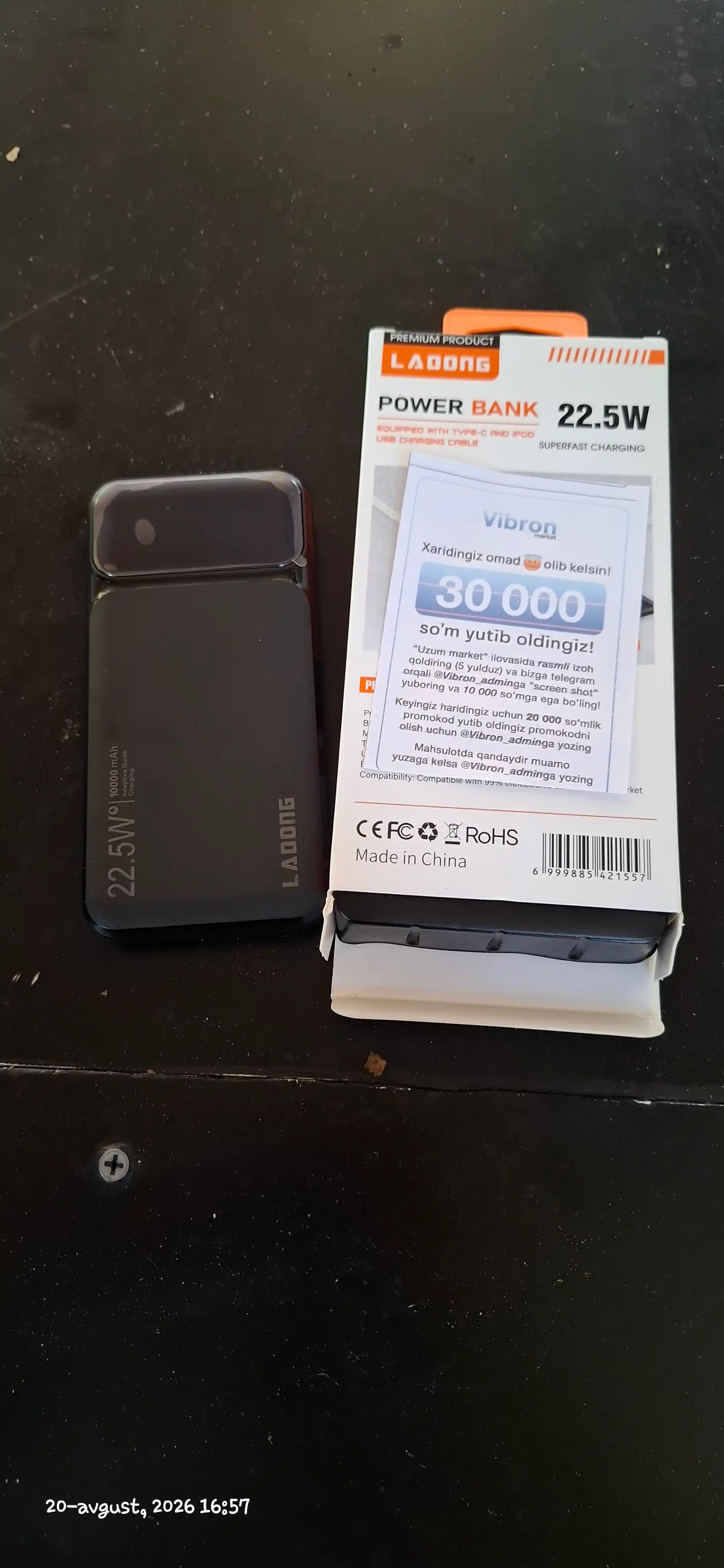 Power Bank 20000mA 22W tezkor quvvat bilan tashqi akkumulyatori +2 kabel bilan