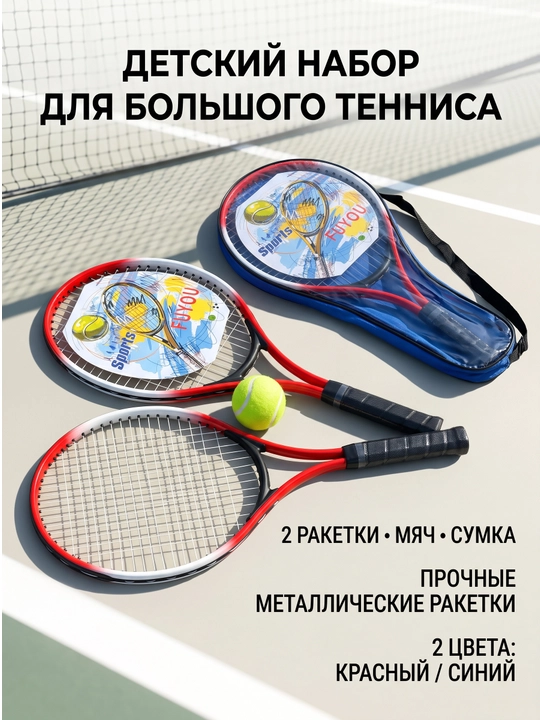 Bolalar uchun katta tennis to‘plami — 2 ta raketka, to‘p va sumka, qizil/ko‘k - 