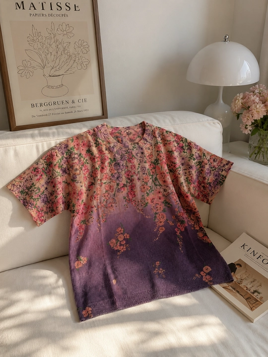 Ayollar uchun qisqa va uzun yengli badiiy printli oversize trikotaj kofta, kuzgi