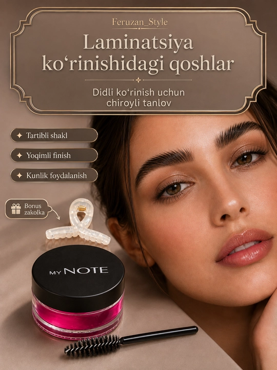 MY NOTE qoshlar uchun fiksator-gel, qoshlarni turmaklash uchun gel, sovg‘a sifatida soch qisqichi