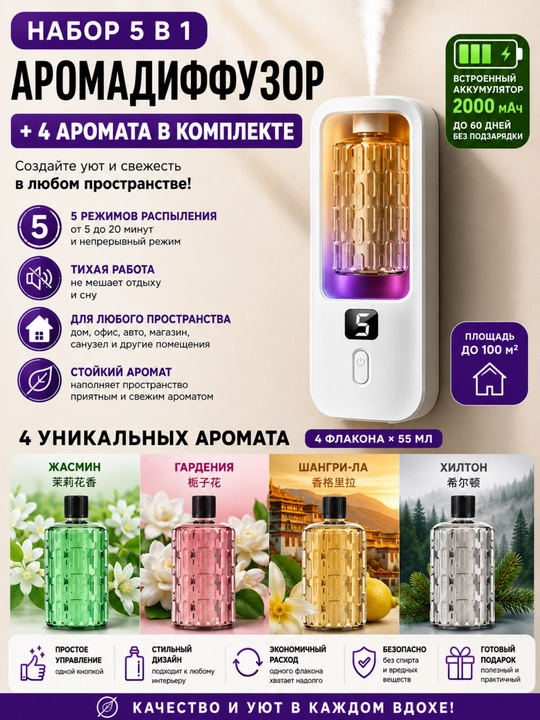 Аромадиффузор 5 в 1 + 4аромата по 50 мл, автономное питание, LED индикатор+подсветка - 