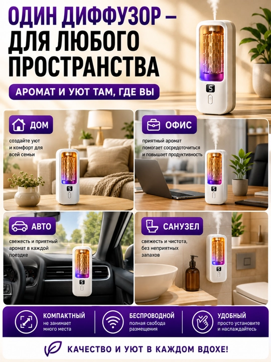 Аромадиффузор 5 в 1 + 4аромата по 50 мл, автономное питание, LED индикатор+подсветка