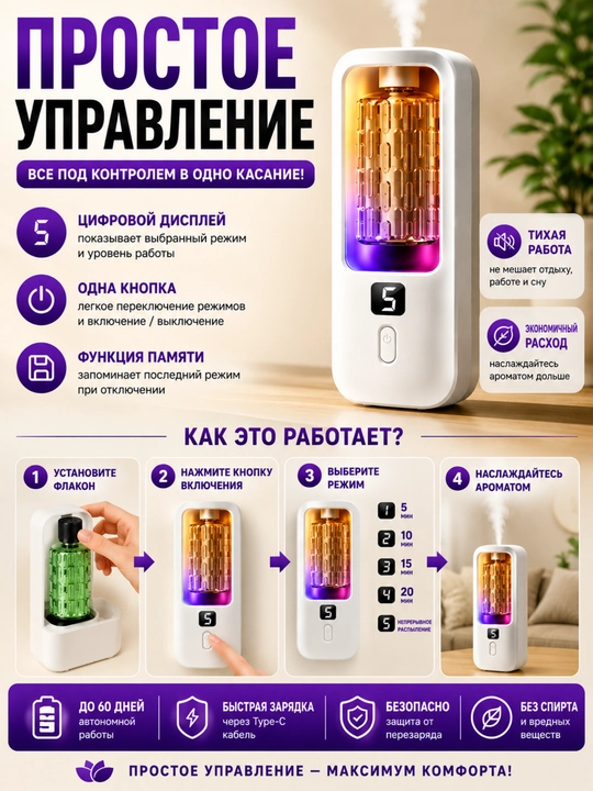 Аромадиффузор 5 в 1 + 4аромата по 50 мл, автономное питание, LED индикатор+подсветка