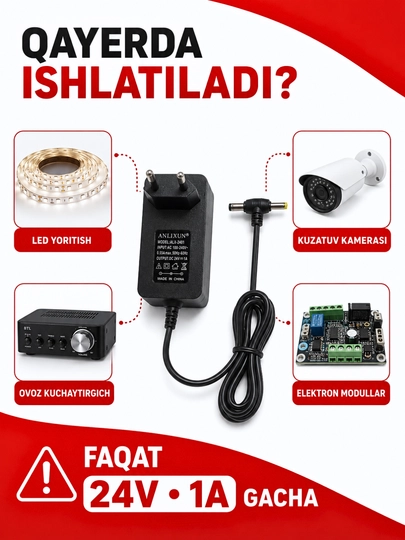 Блок питания ANLIXUN 24V 1A 24W, адаптер с двумя штекерами 5,5×2,1 и 4,0×1,7 мм
