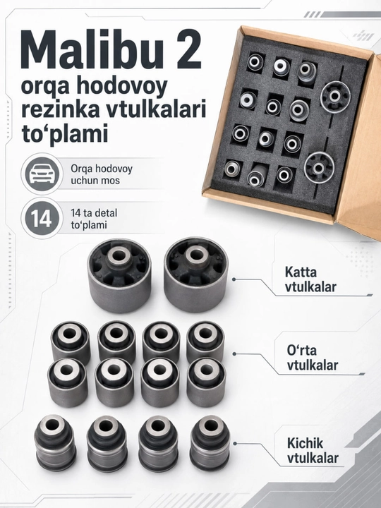 Malibu 2 orqa hodovoy rezinka vtulkalari, 14 ta detal to‘plami